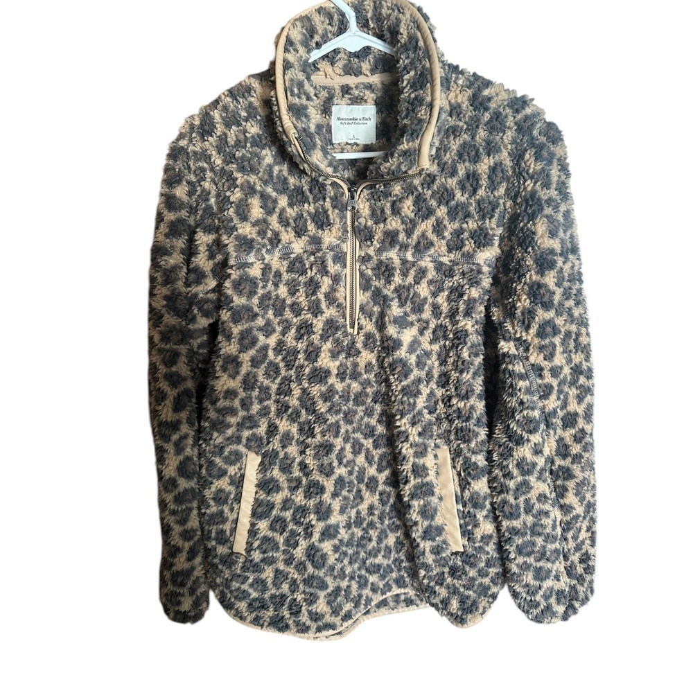 Abercrombie & Fitch Leopard Sherpa Fleece Quarter Zip Pullover Jacket Tan Grey L